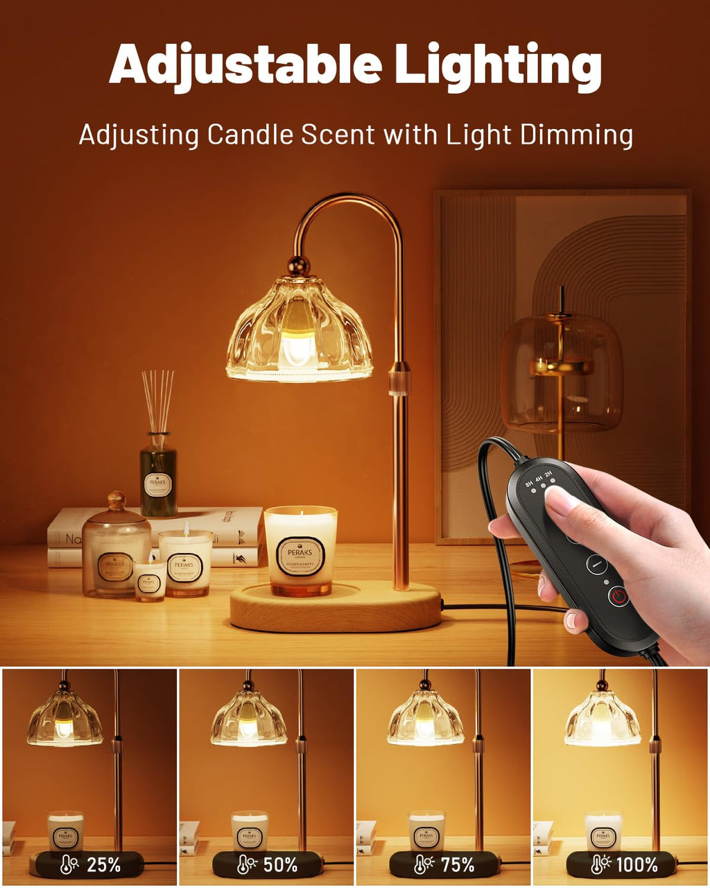 Candle Warmer Lamp with Timer Dimmer, Height Adjustable, Amber Lampshade, 2 Bulbs R2577