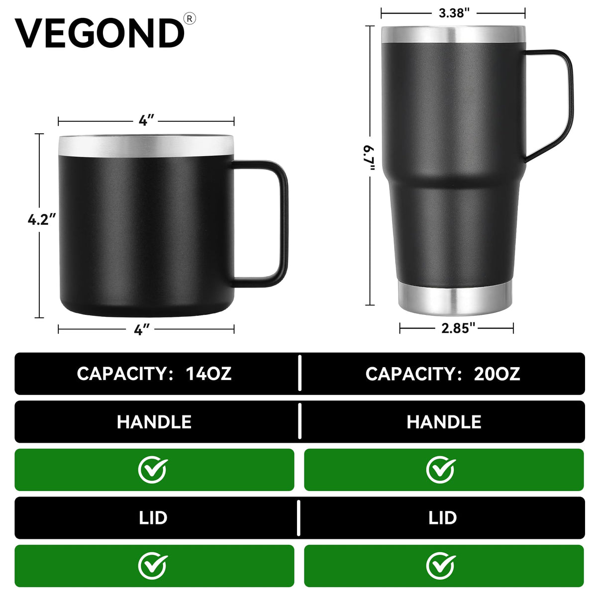 14 oz Insulated Stainless Steel Travel Coffee Mug with Handle and Lid T94799