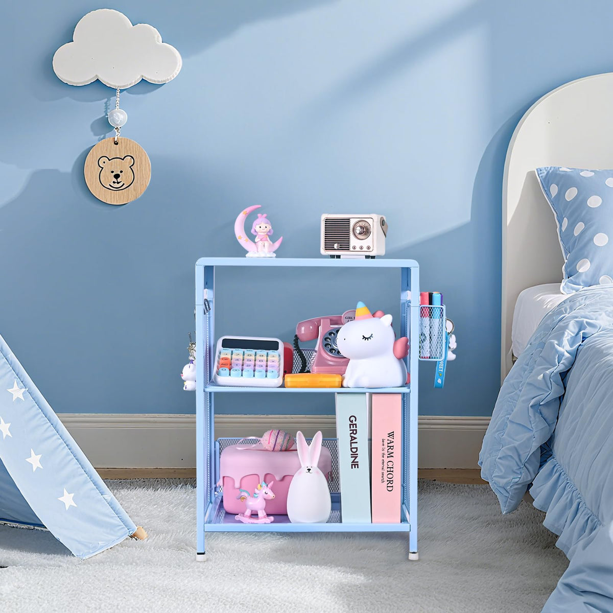 Sky Blue Kids Nightstand with Hooks and Holder B181796