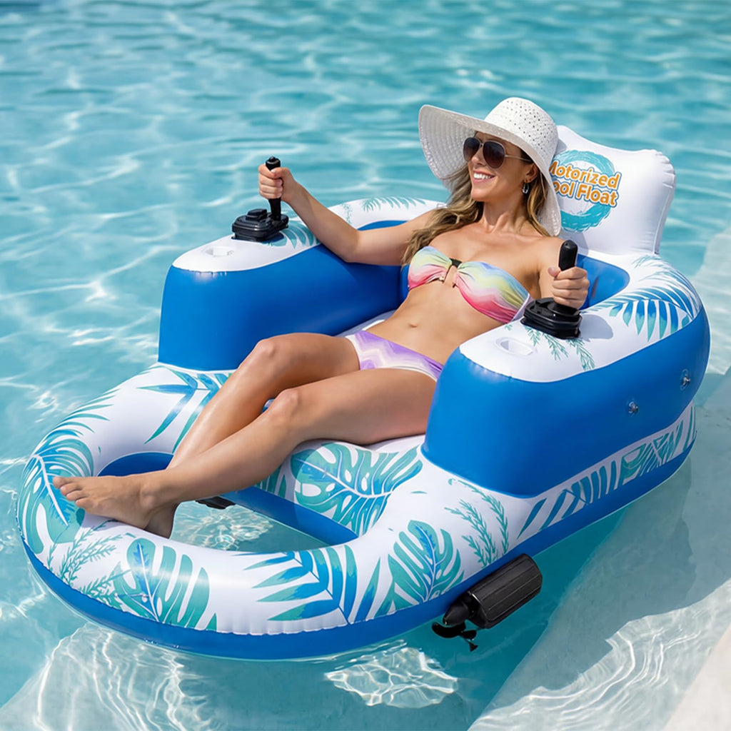 Rechargeable Motorized Pool Float Lounger with Canopy and Cup Holder W407634