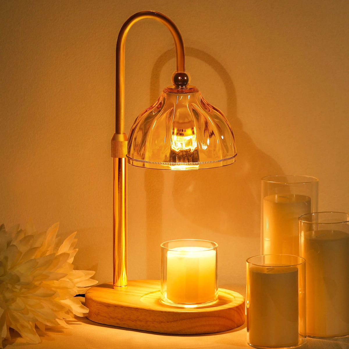 Candle Warmer Lamp with Timer Dimmer, Height Adjustable, Amber Lampshade, 2 Bulbs R2577