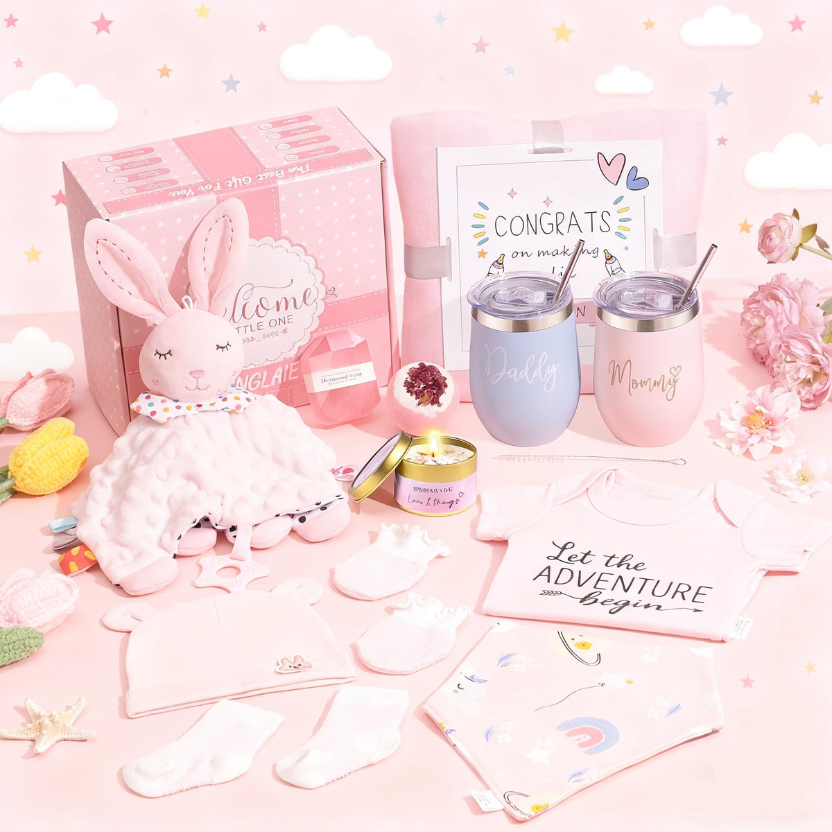 New Mom Gift Basket with Baby Clothes & Tumblers C6596