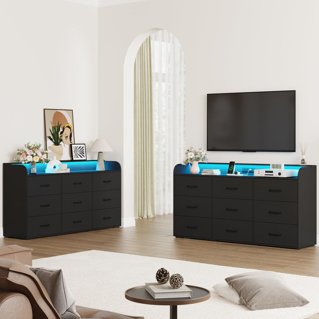 Black 9 Drawer Wood Dresser with Power Outlet and LED Lights P3509