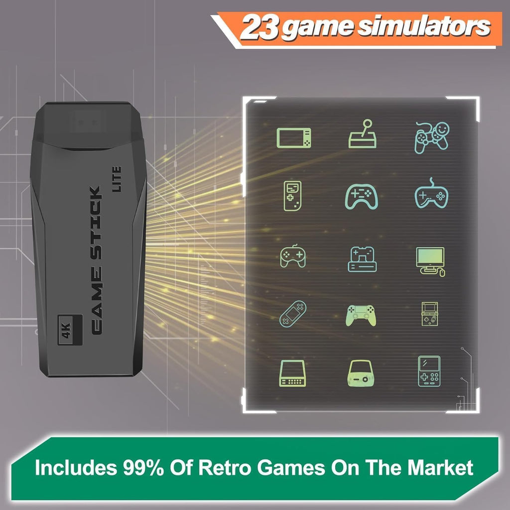 Retro Gaming Console Game Stick, 20,000+ Classic Video Games, 23 Emulators, Dual Wireless Controllers, 4K HDMI Output, 64GB V500423