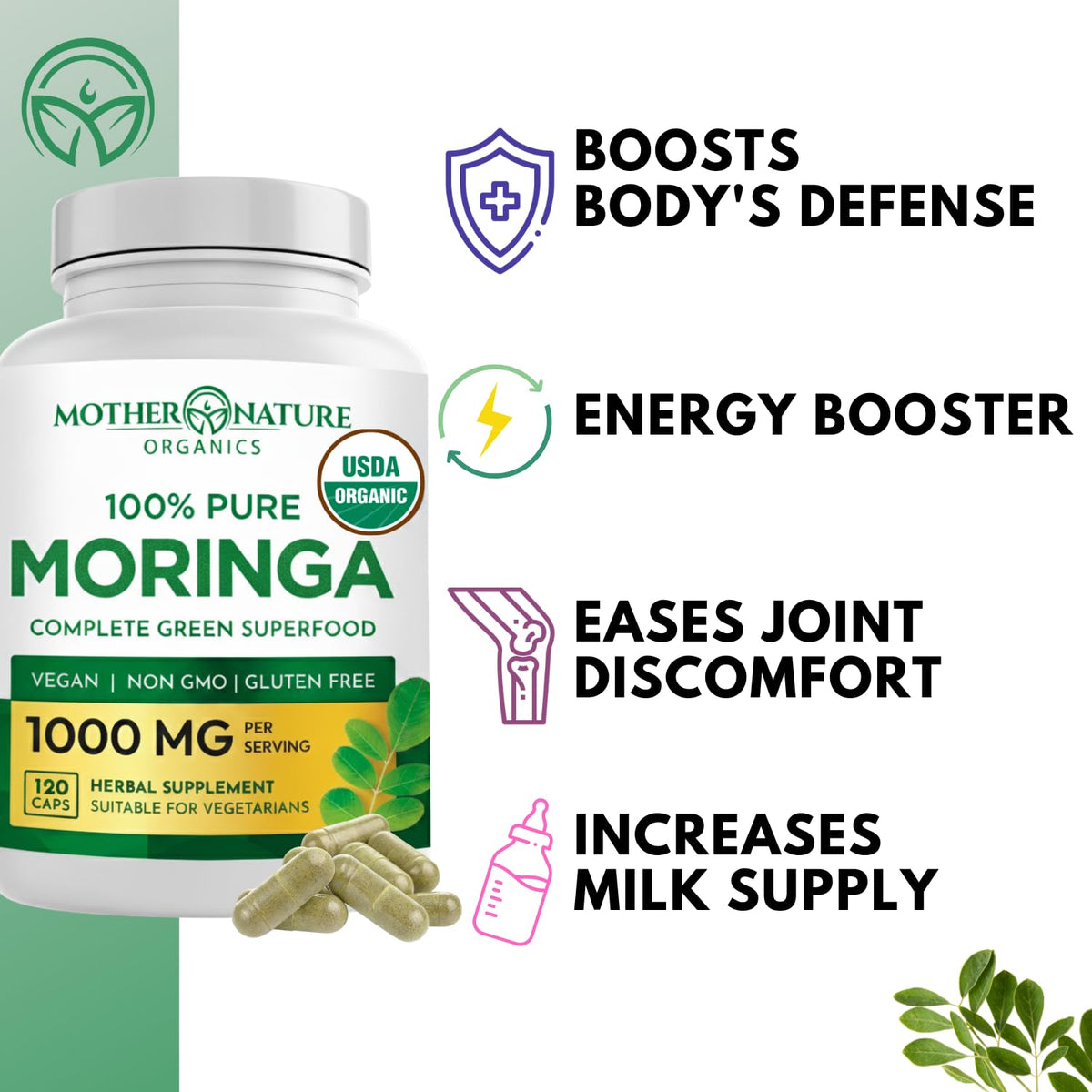 Organic Moringa Leaf Capsules 1000mg 120 Ct X2539