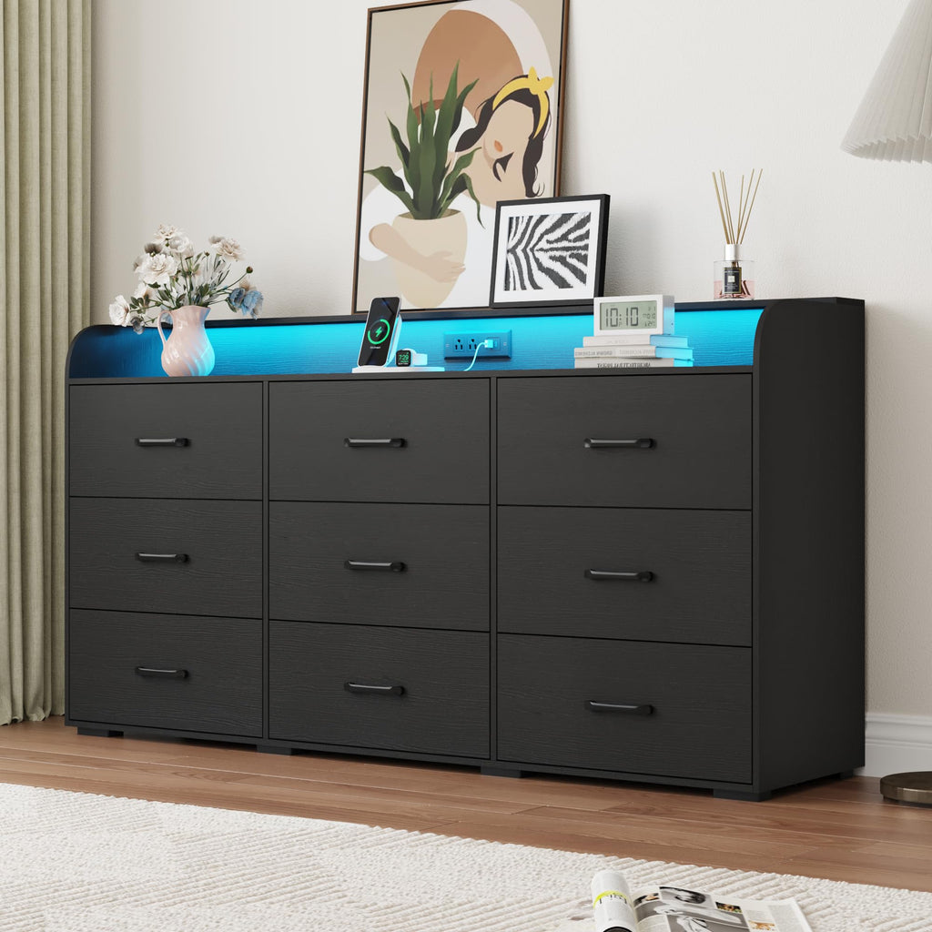 Black 9 Drawer Wood Dresser with Power Outlet and LED Lights P3509