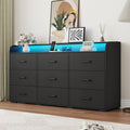 Black 9 Drawer Wood Dresser with Power Outlet and LED Lights P3509
