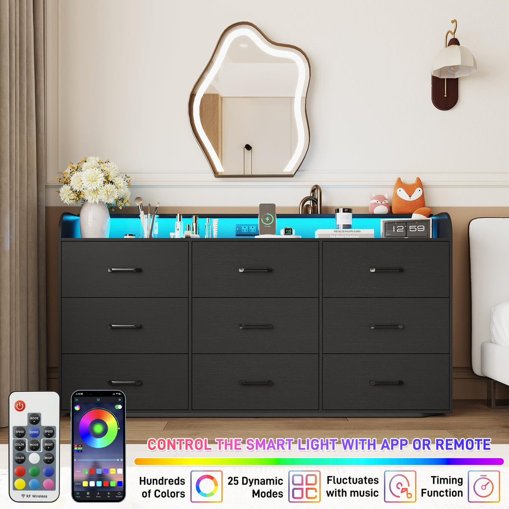 Black 9 Drawer Wood Dresser with Power Outlet and LED Lights P3509