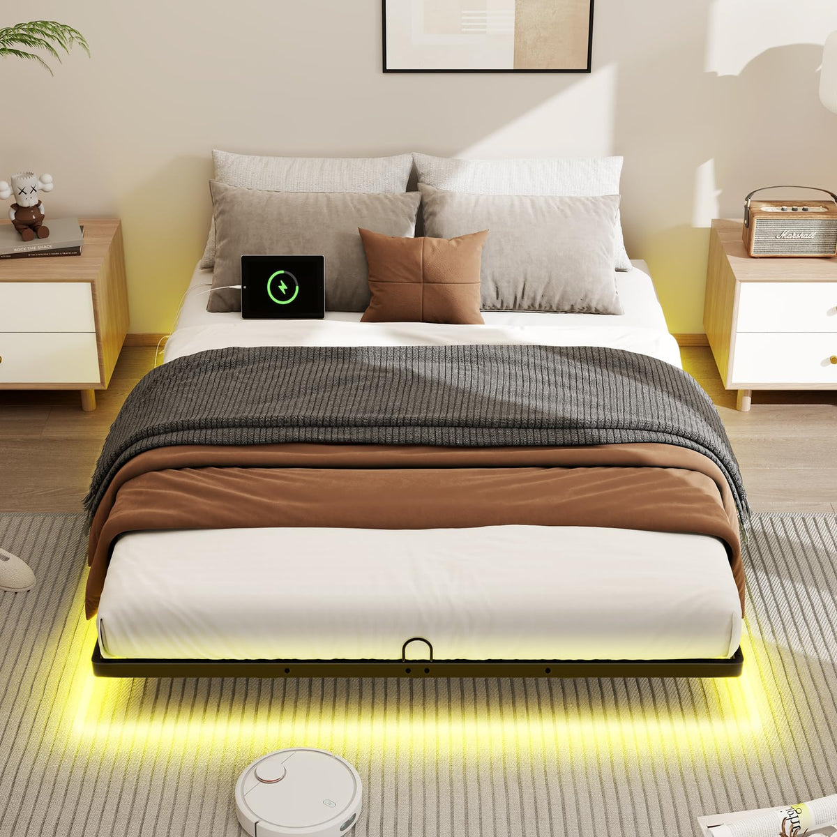 Full Size Metal Platform Bed Frame with LED Lights & Charging Station W34710
