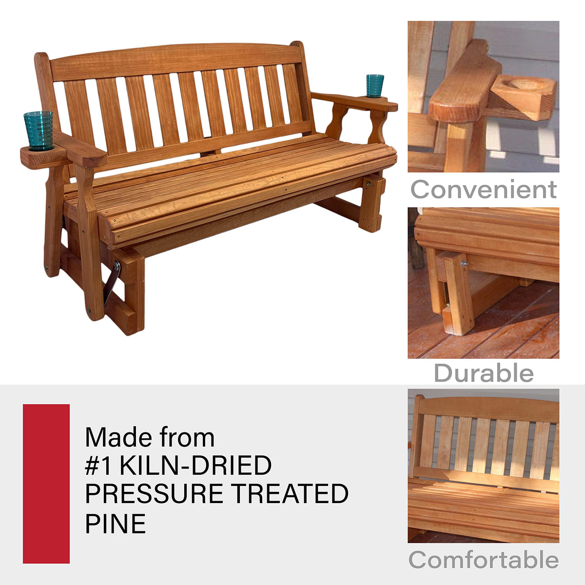 Heavy Duty Pressure Treated Porch Glider with Cupholders T8923