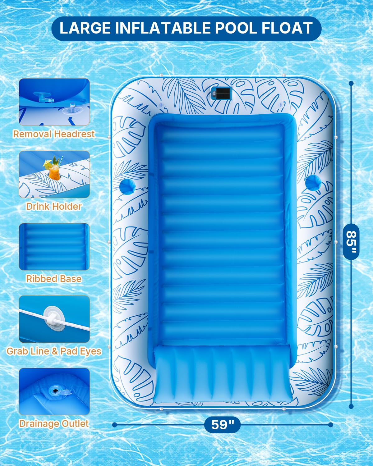 Inflatable Tanning Pool Float with Lights and Pillow Y567787