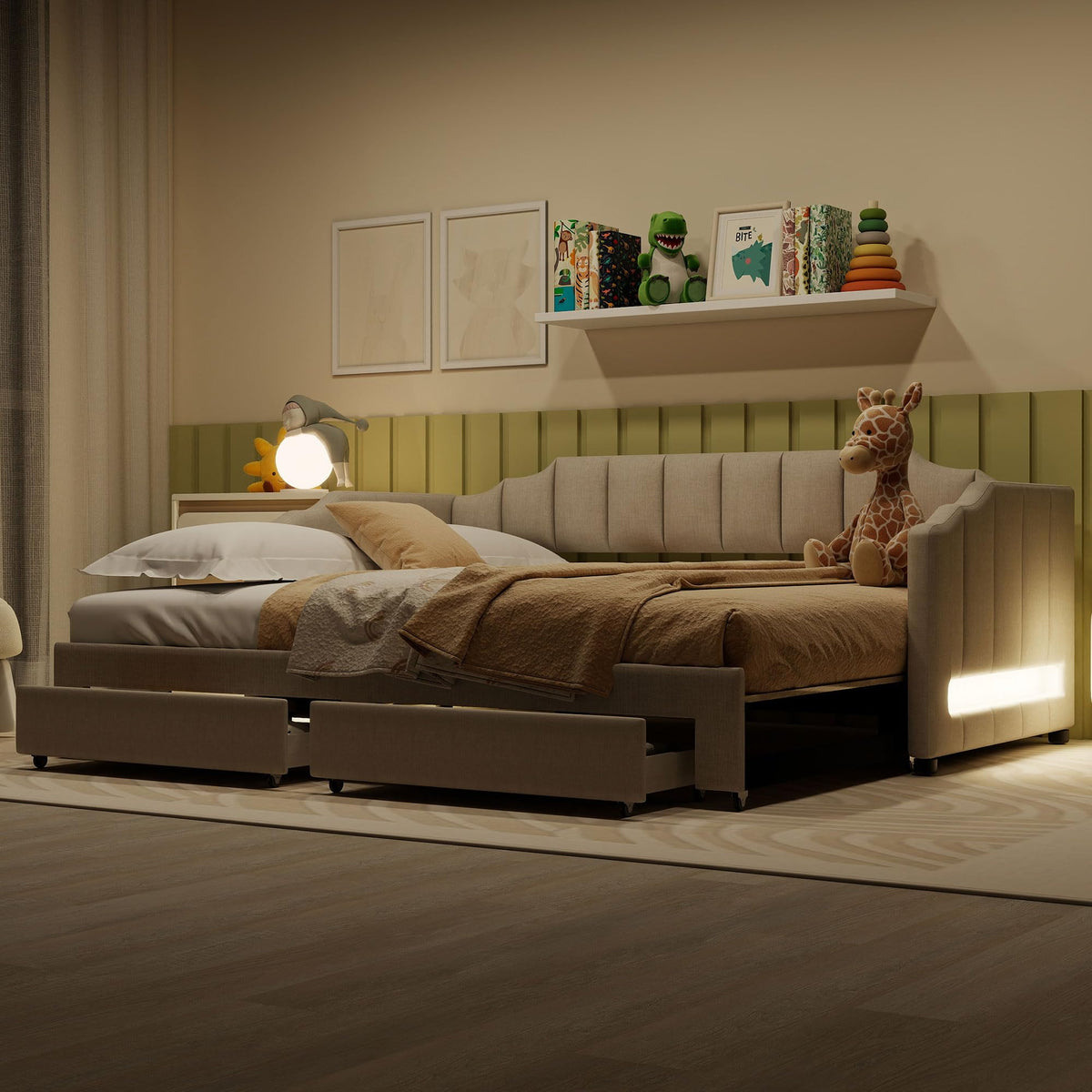 Twin XL Linen Upholstered Daybed with Storage Drawers and LED Light J147866