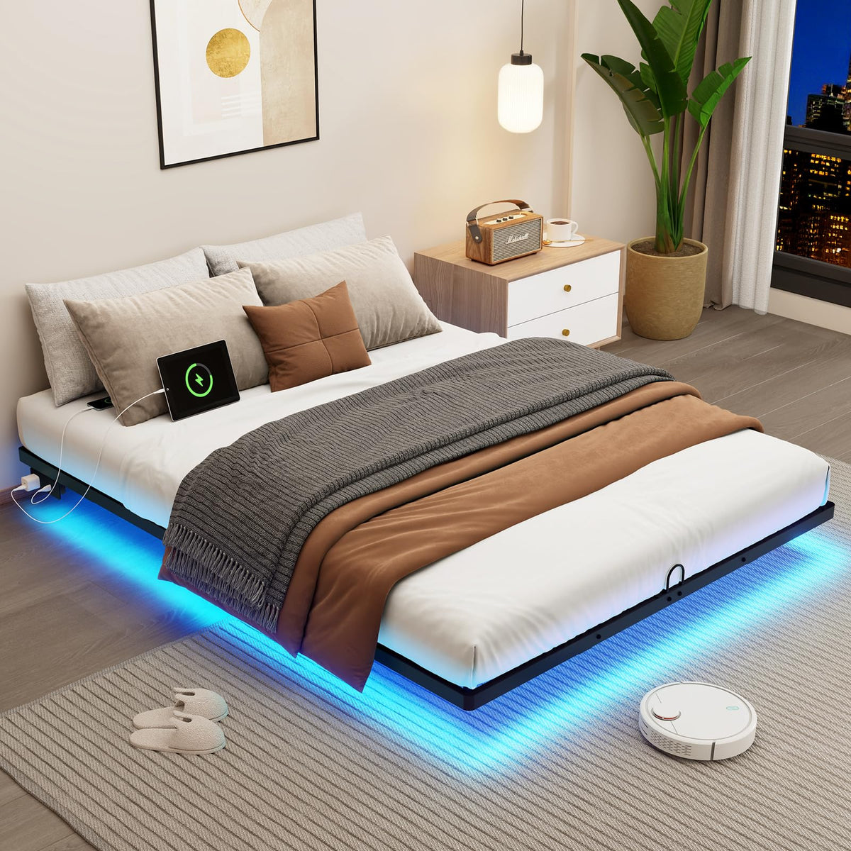 Full Size Metal Platform Bed Frame with LED Lights & Charging Station W34710