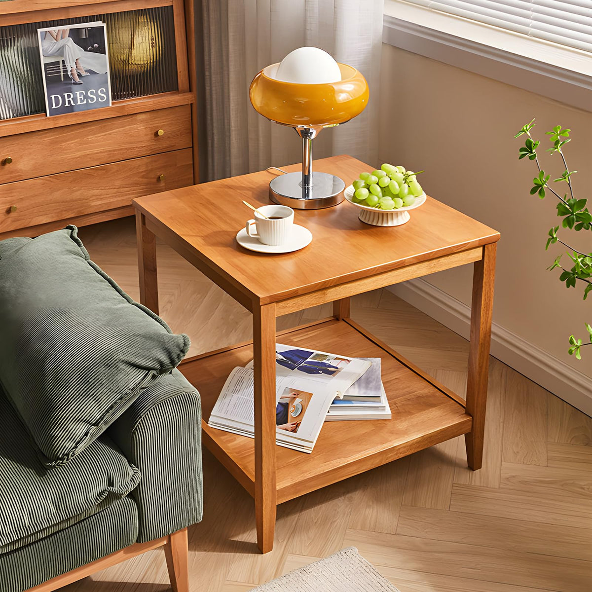 Solid Wood Square Side Table with Storage Shelf S655293