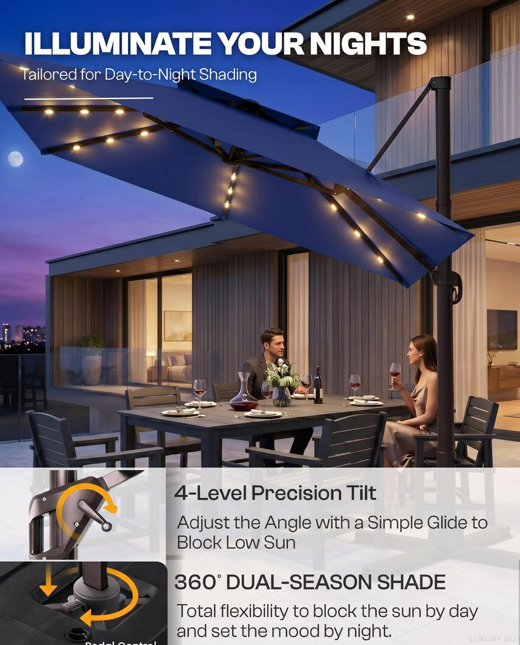 11x11 FT Double-Top Cantilever Patio Umbrella with Lights A170