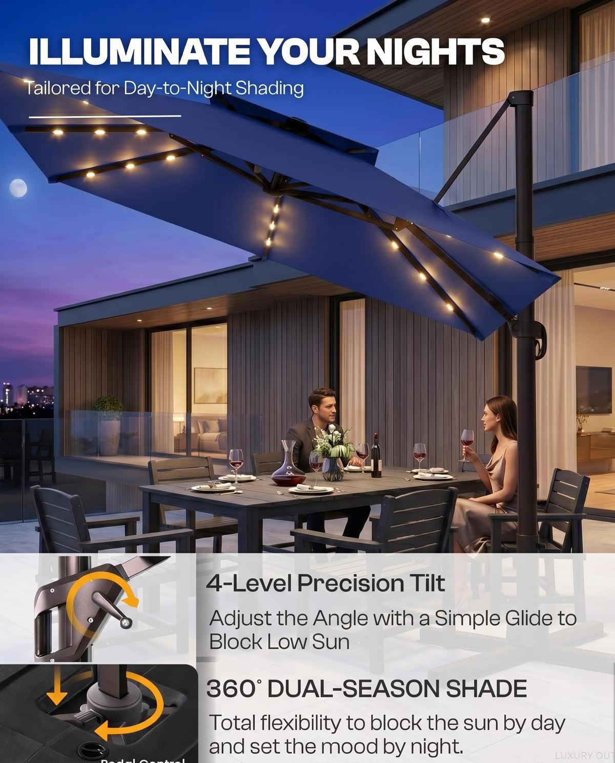 11x11 FT Double-Top Cantilever Patio Umbrella with Lights A170