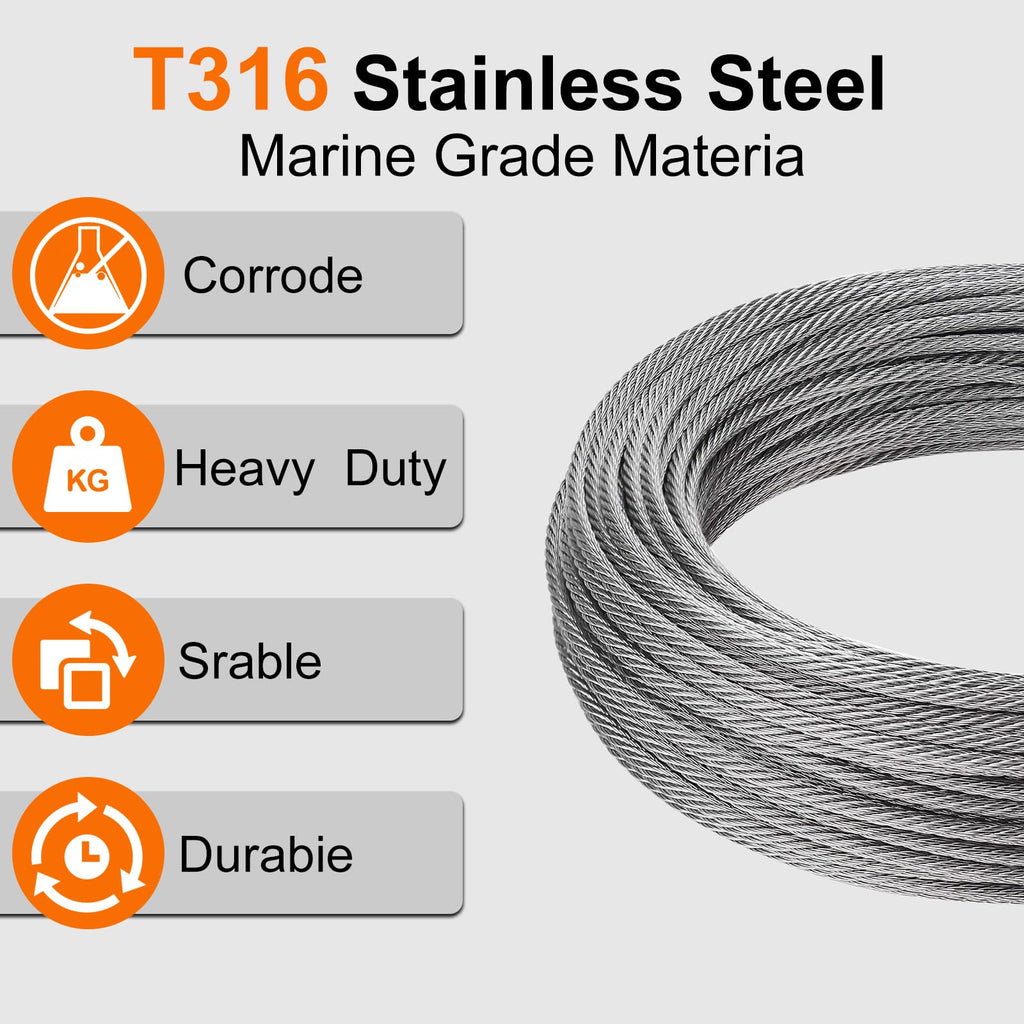 1/8 Stainless Steel Cable 200ft T316 Wire Rope with 8" Cutter S7710