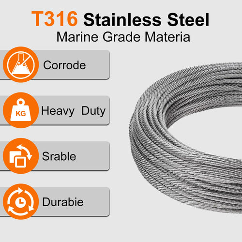1/8 Stainless Steel Cable 200ft T316 Wire Rope with 8" Cutter S7710