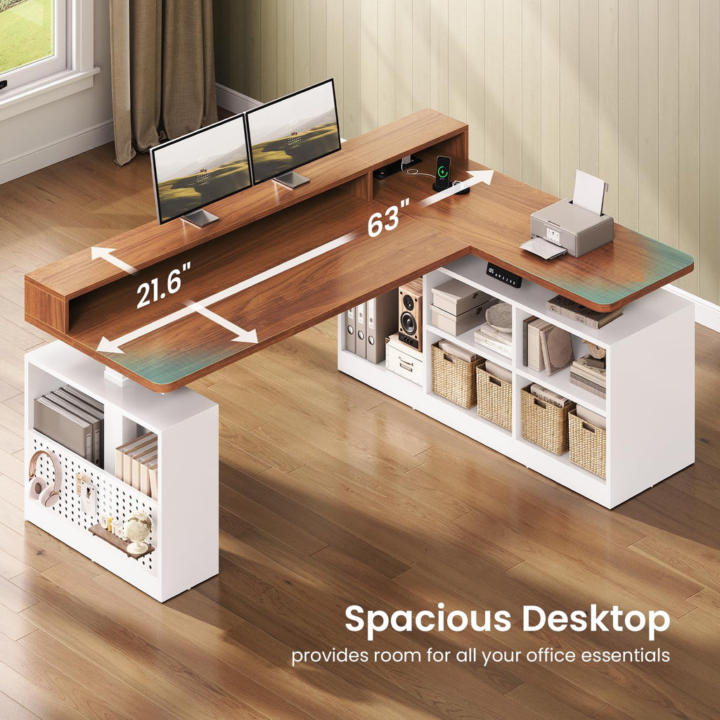 63" L Shaped Electric Standing Desk with Storage W678647