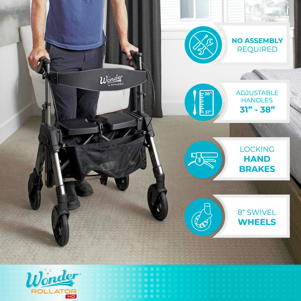 Heavy Duty Folding Rolling Walker with 8-inch Wheels and Wide Seat Y509761