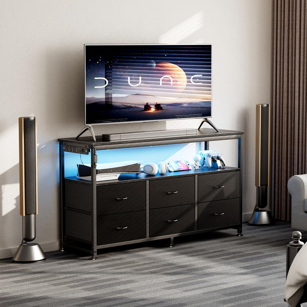 Black Dresser TV Stand with 6 Fabric Drawers S7115