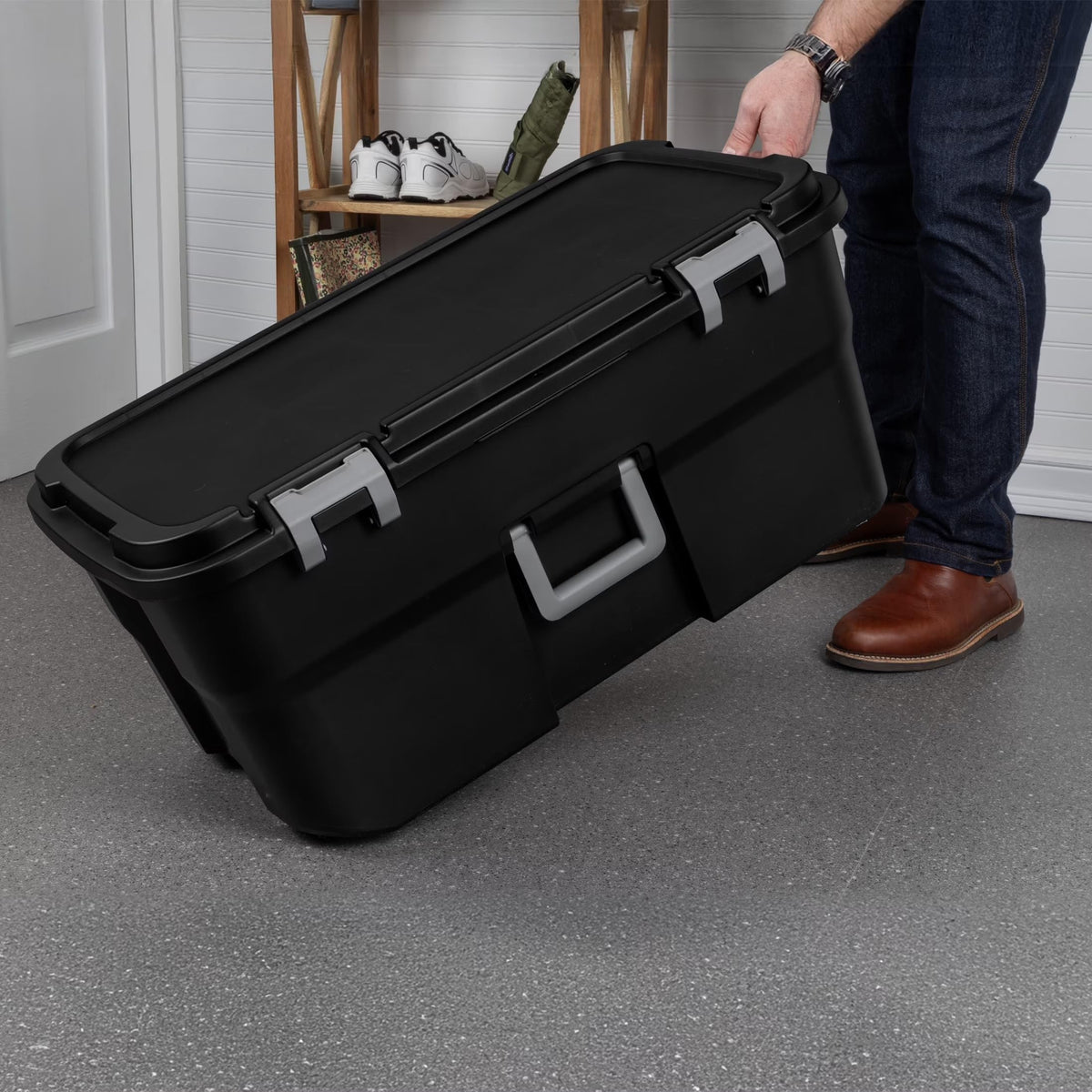 22 Gallon Black Wheeled Plastic Storage Trunk with Handle M453555