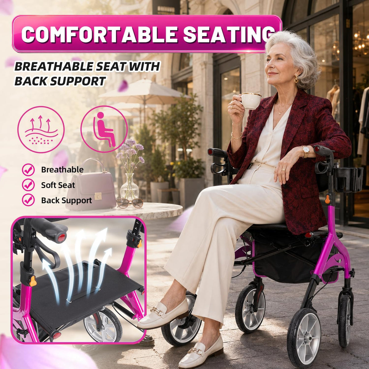 Foldable Lightweight Aluminum Rollator Walker with Seat C438