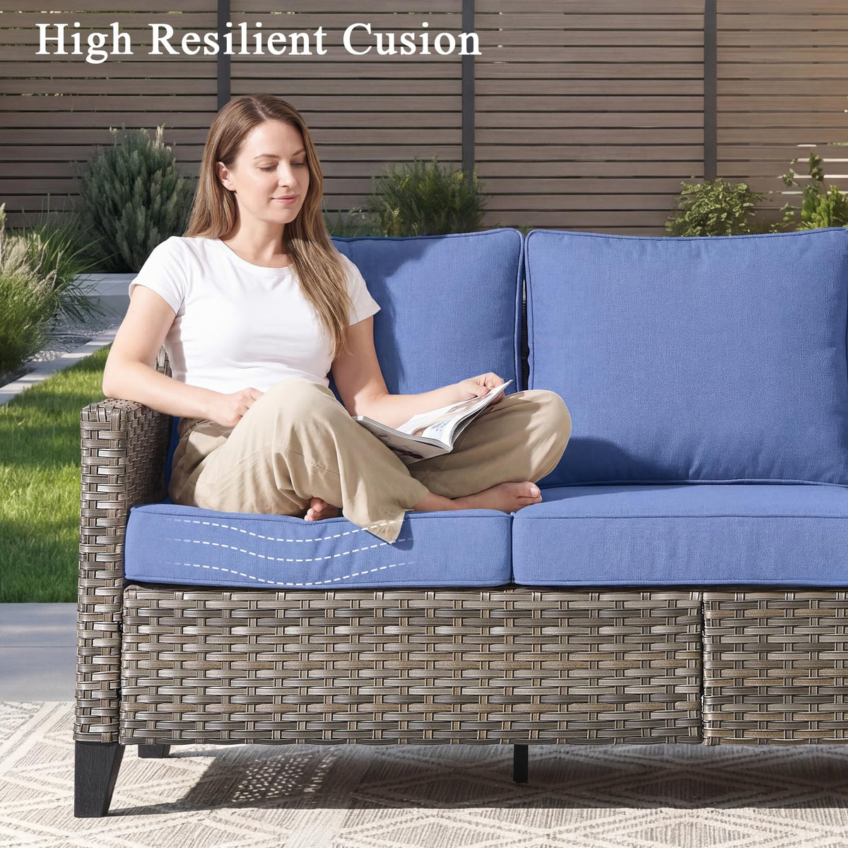 3 Pieces All Weather Wicker Patio Sofa Set with 2 Footstools X364217