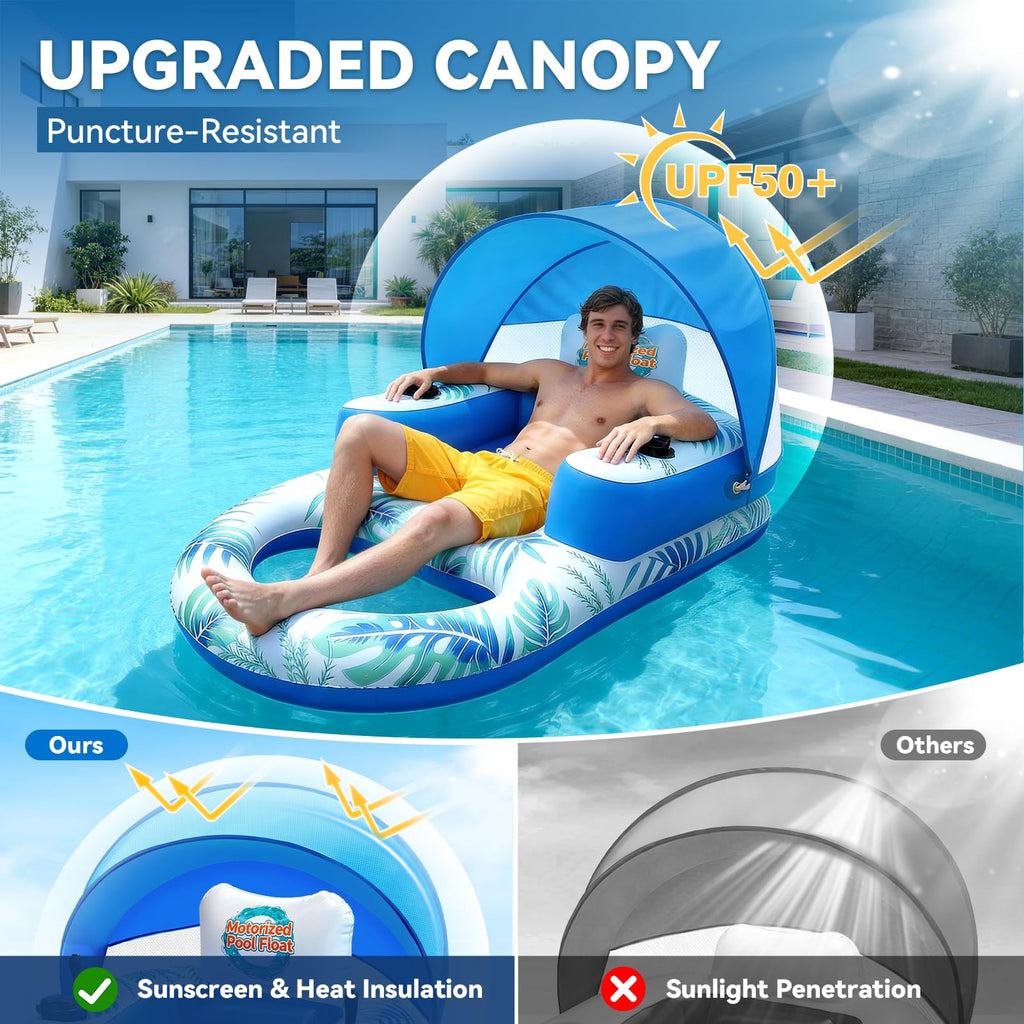 Rechargeable Motorized Pool Float Lounger with Canopy and Cup Holder W407634
