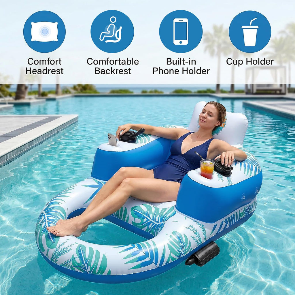 Rechargeable Motorized Pool Float Lounger with Canopy and Cup Holder W407634