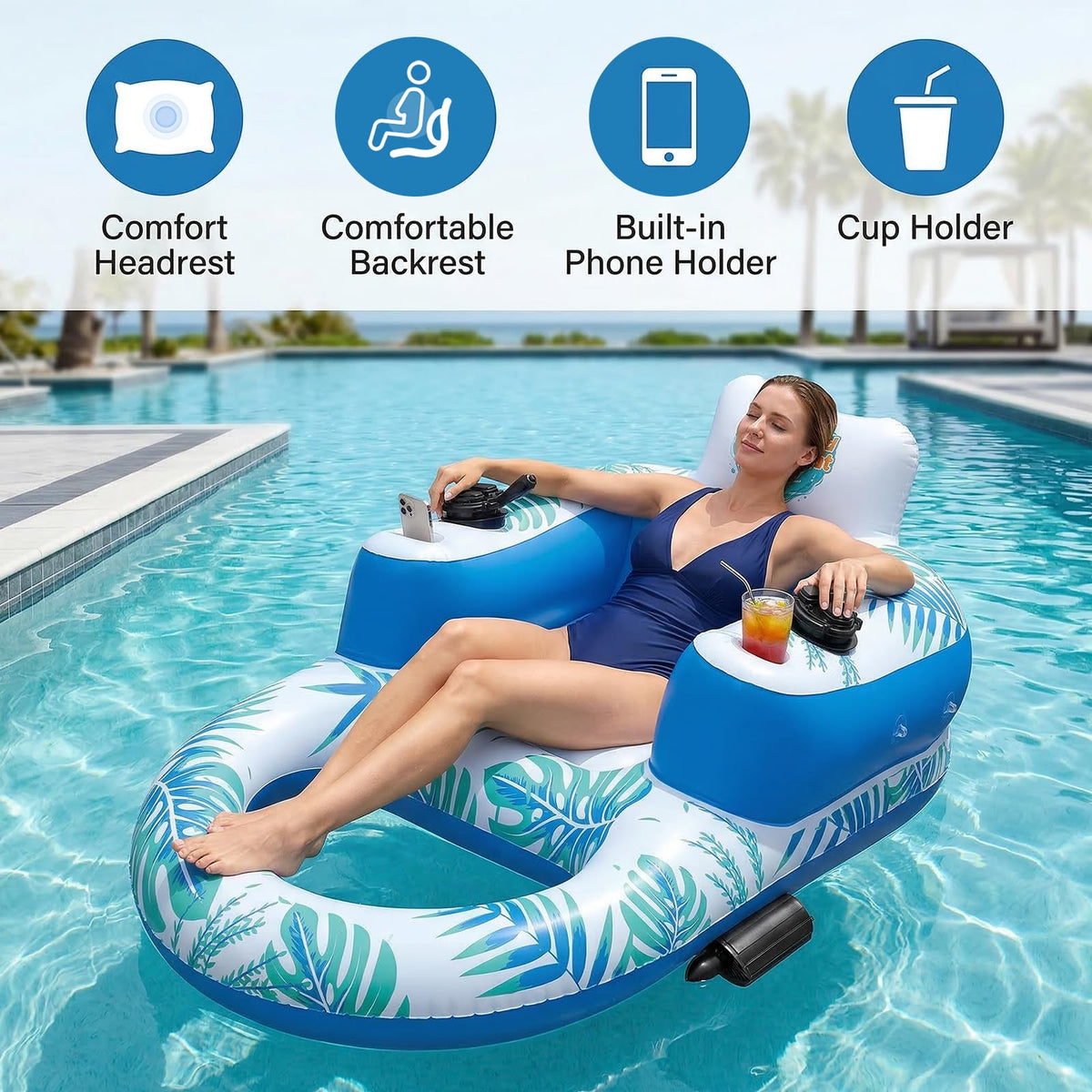 Rechargeable Motorized Pool Float Lounger with Canopy and Cup Holder W407634