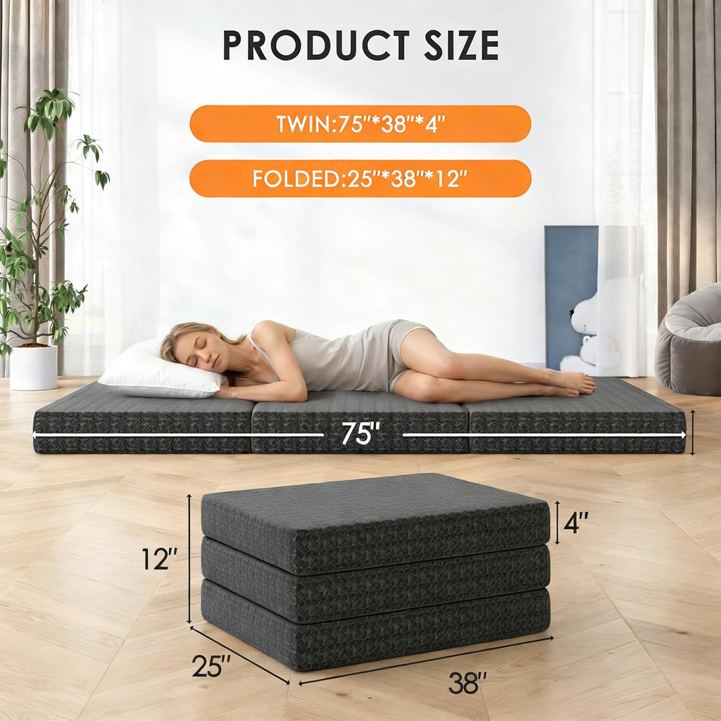 4 Inch Tri-Fold Twin Size Memory Foam Mattress with Washable Cover N41784