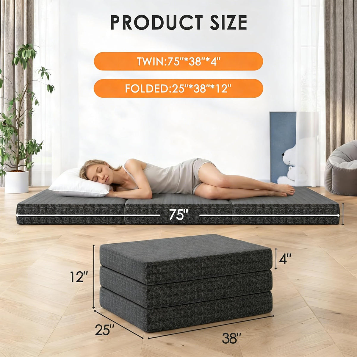 4 Inch Tri-Fold Twin Size Memory Foam Mattress with Washable Cover N41784