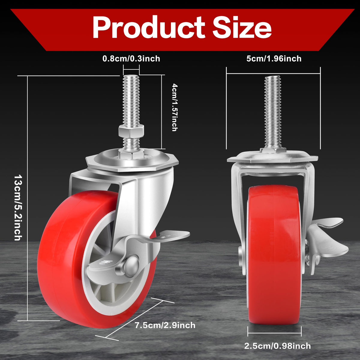 3 Inch Heavy Duty Stem Casters Swivel Wheels with Brake, Set of 4 Q847312