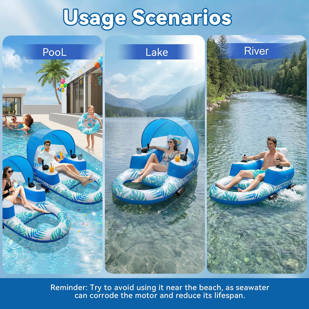 Rechargeable Motorized Pool Float Lounger with Canopy and Cup Holder W407634