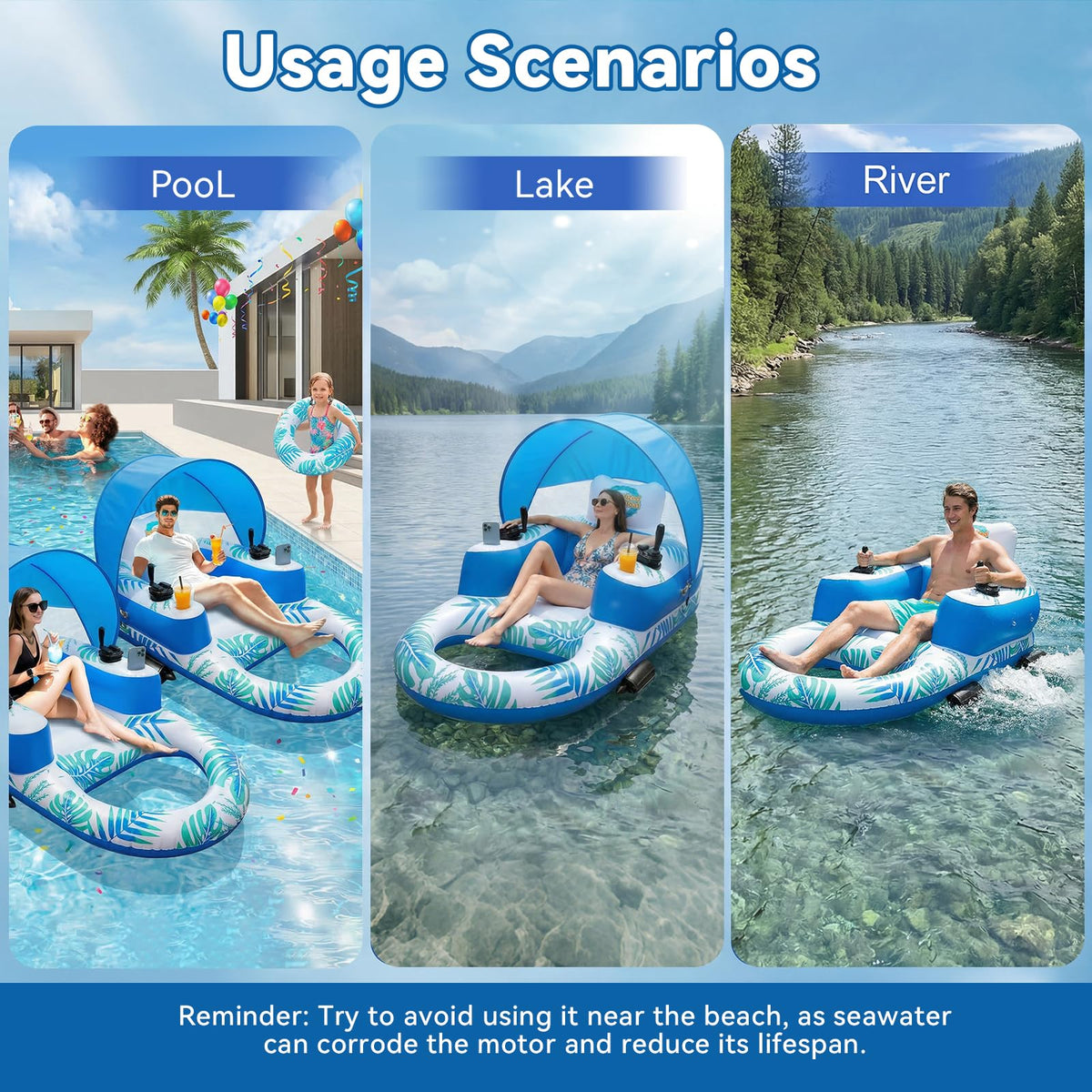 Rechargeable Motorized Pool Float Lounger with Canopy and Cup Holder W407634
