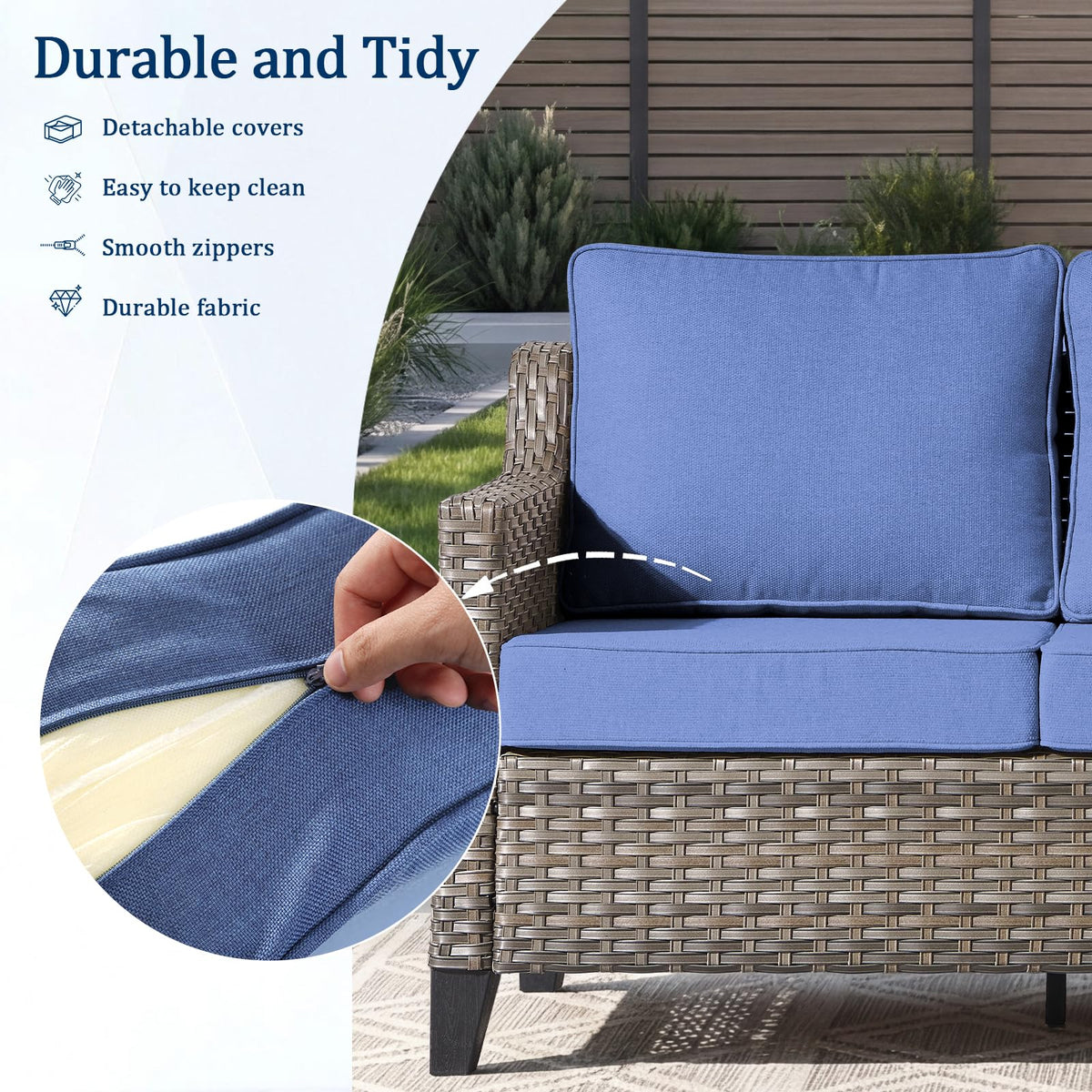 3 Pieces All Weather Wicker Patio Sofa Set with 2 Footstools X364217