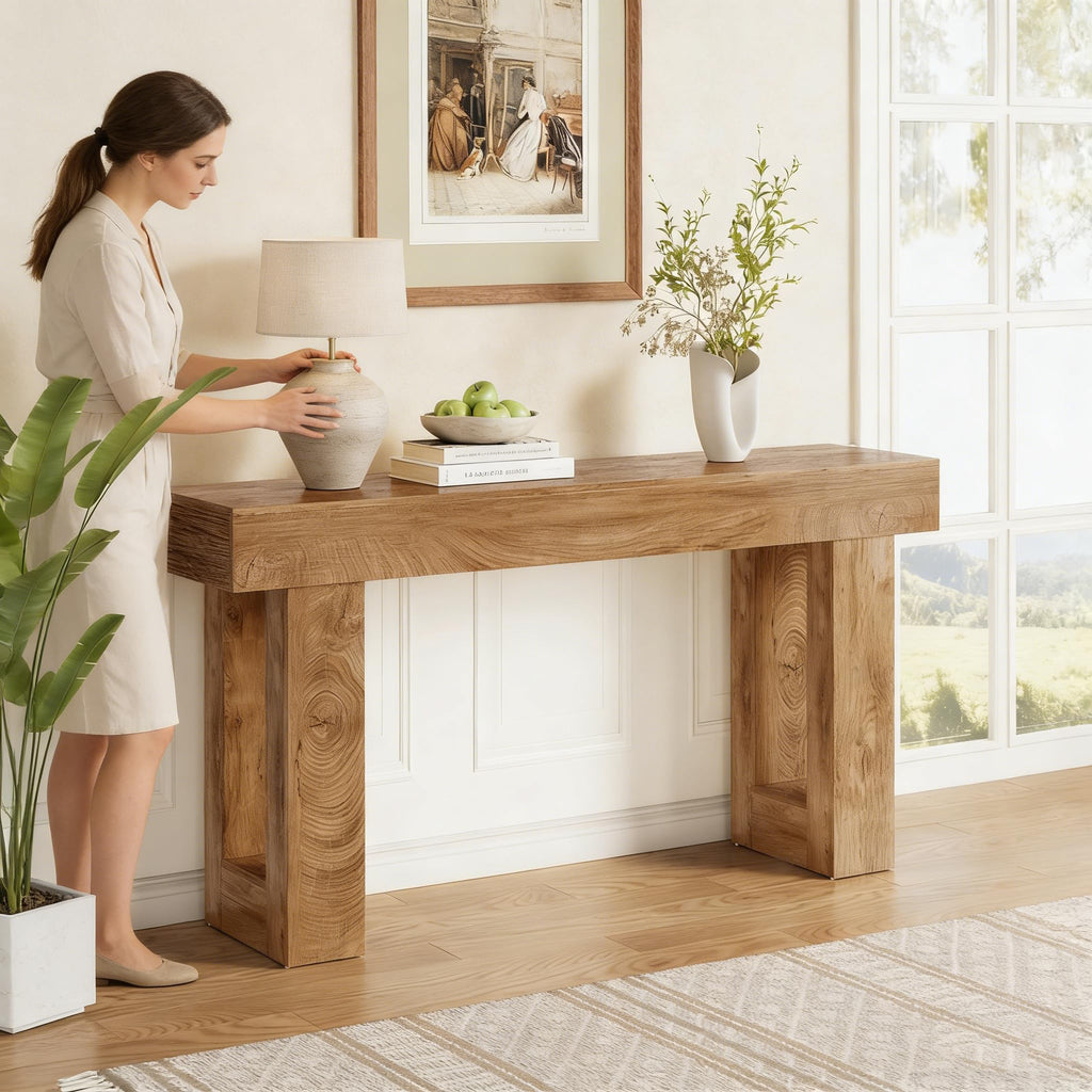 63 Inches Oak Color Wooden Console Table S26840