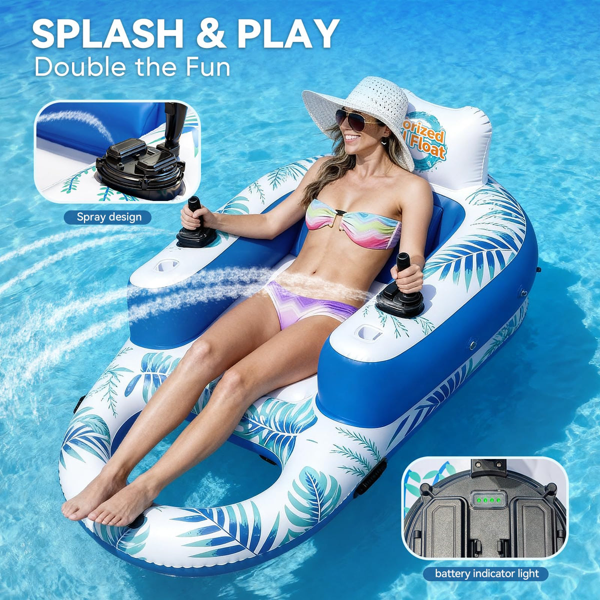 Rechargeable Motorized Pool Float Lounger with Canopy and Cup Holder W407634