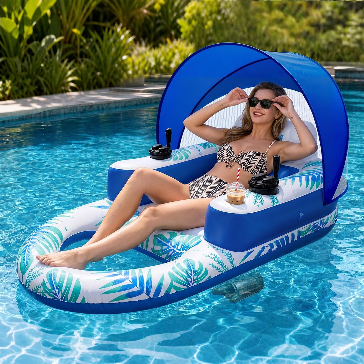 Rechargeable Motorized Pool Float Lounger with Canopy and Cup Holder W407634