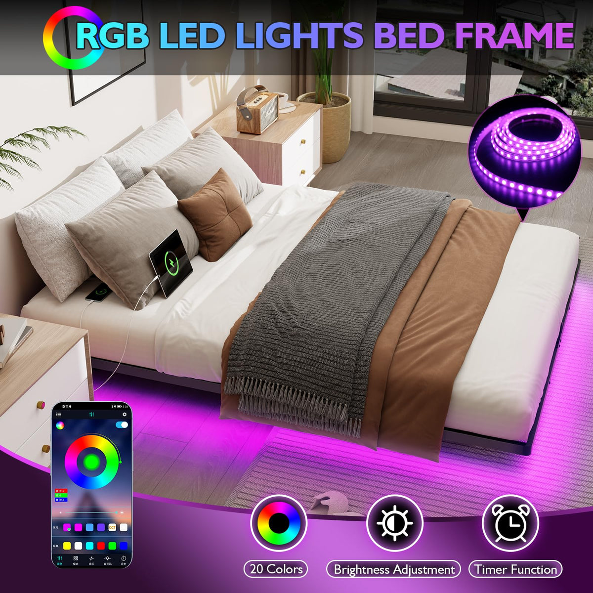 Full Size Metal Platform Bed Frame with LED Lights & Charging Station W34710