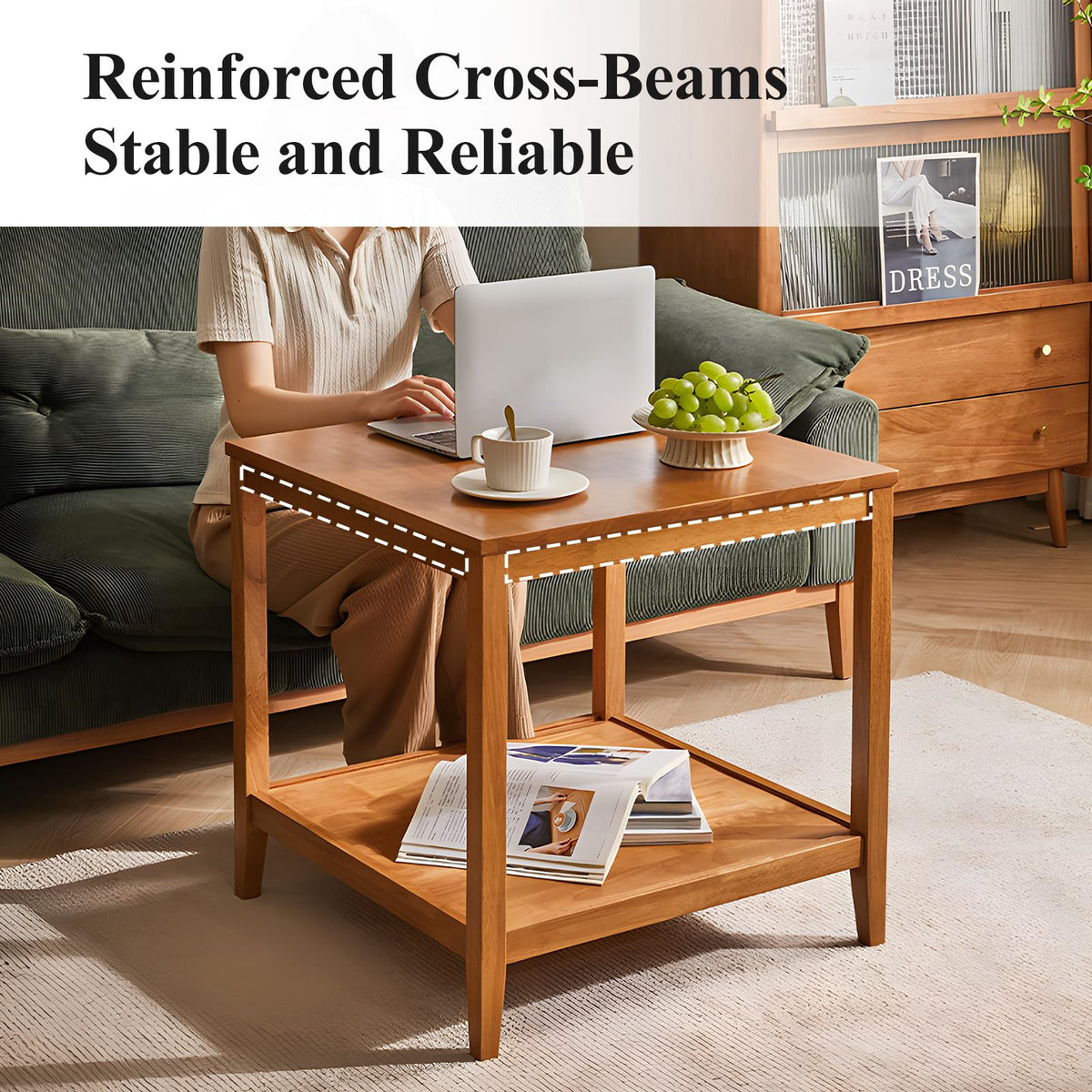 Solid Wood Square Side Table with Storage Shelf S655293