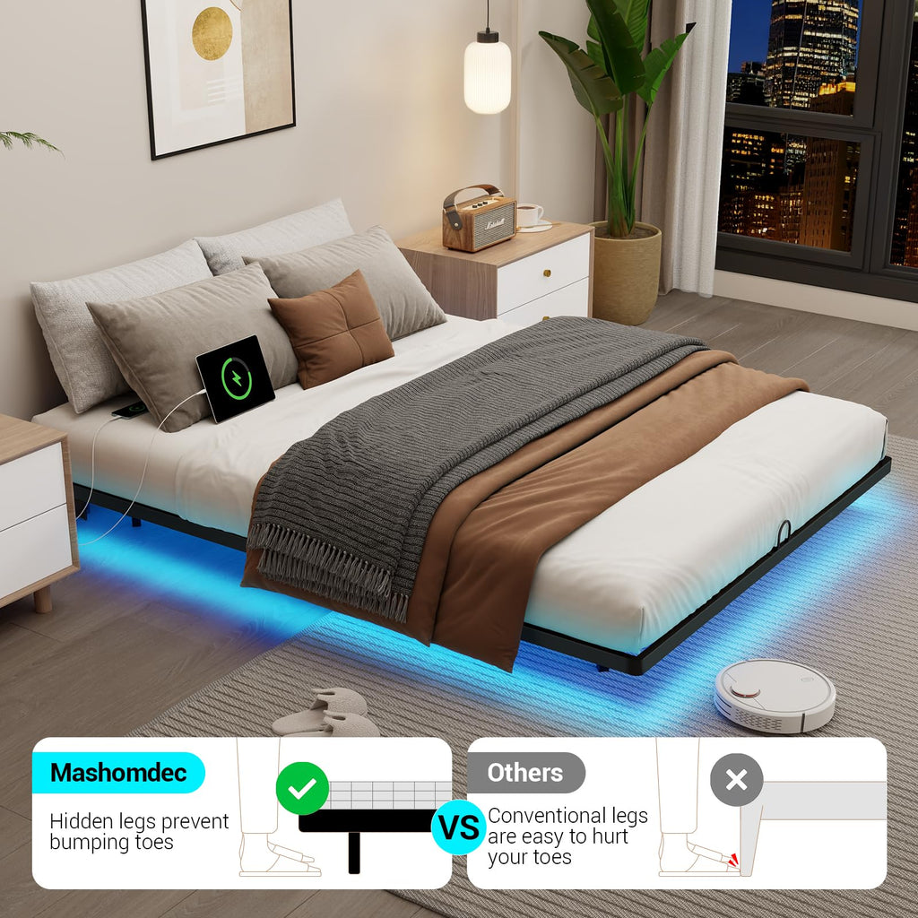 Full Size Metal Platform Bed Frame with LED Lights & Charging Station W34710