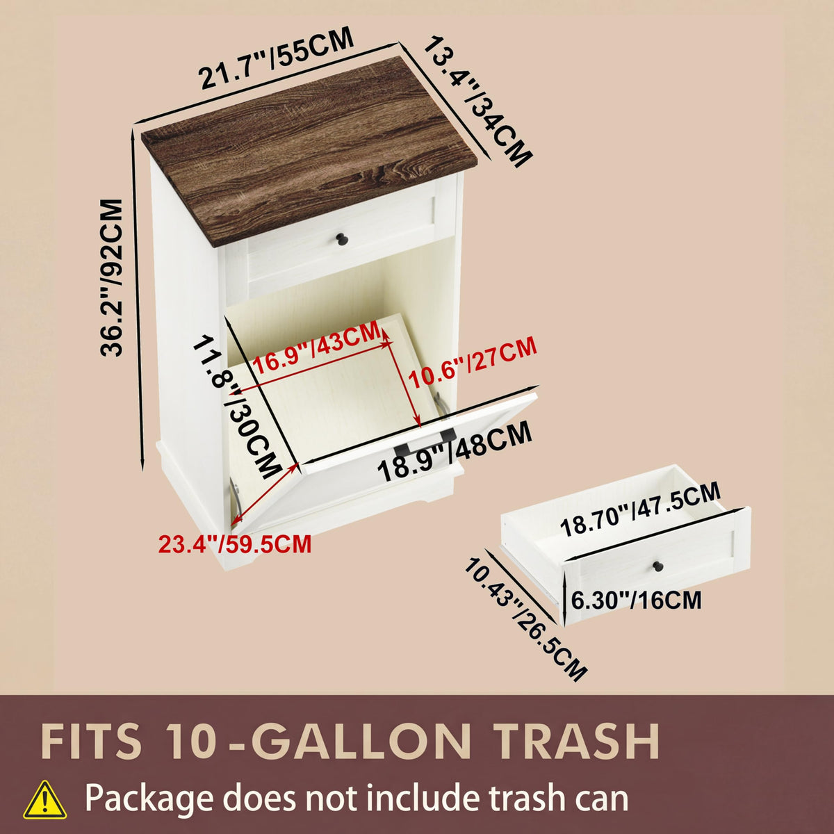 Double Tilt Out Trash Cabinet for 10 Gallon Trash Cans, Antique White N512
