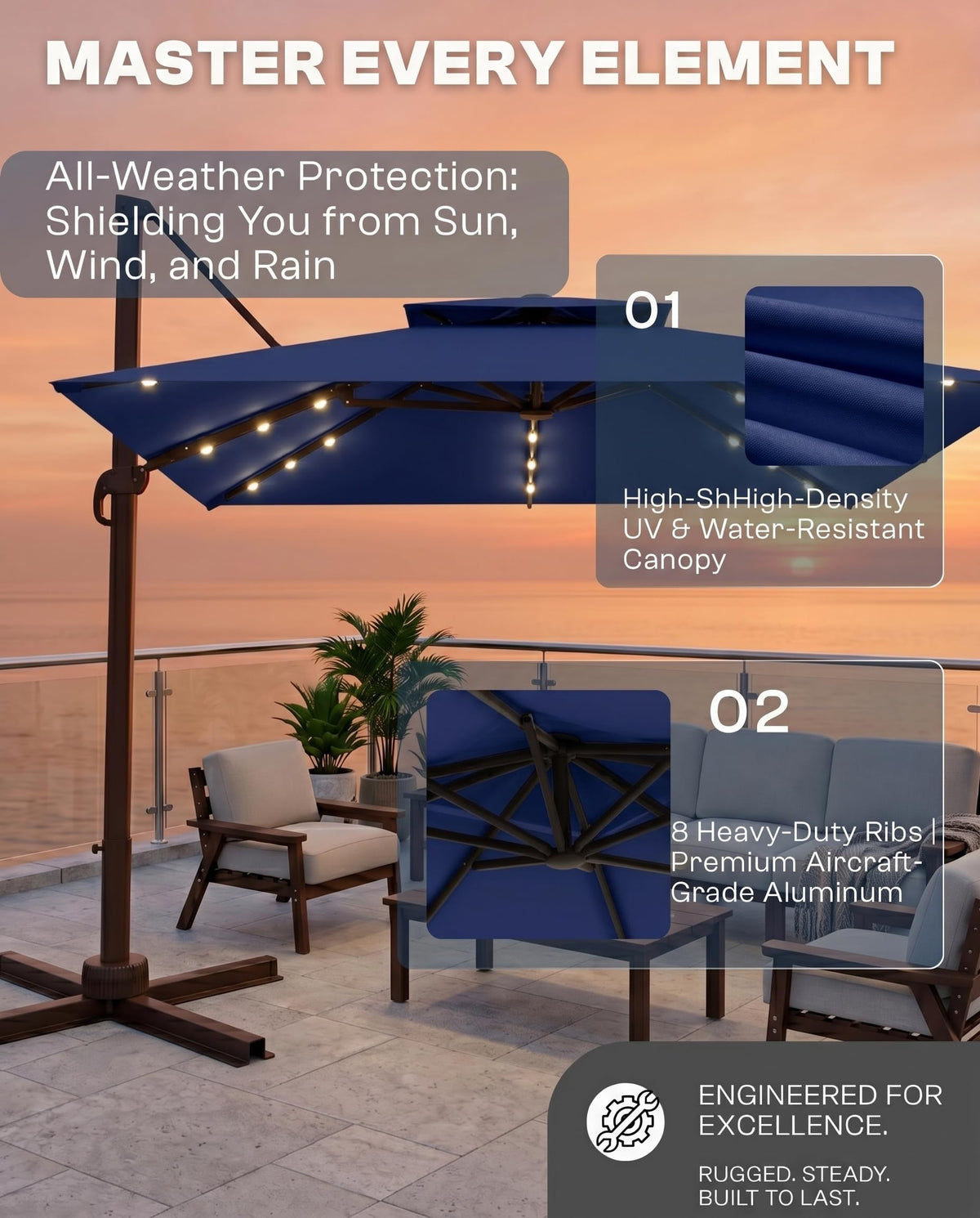 11x11 FT Double-Top Cantilever Patio Umbrella with Lights A170