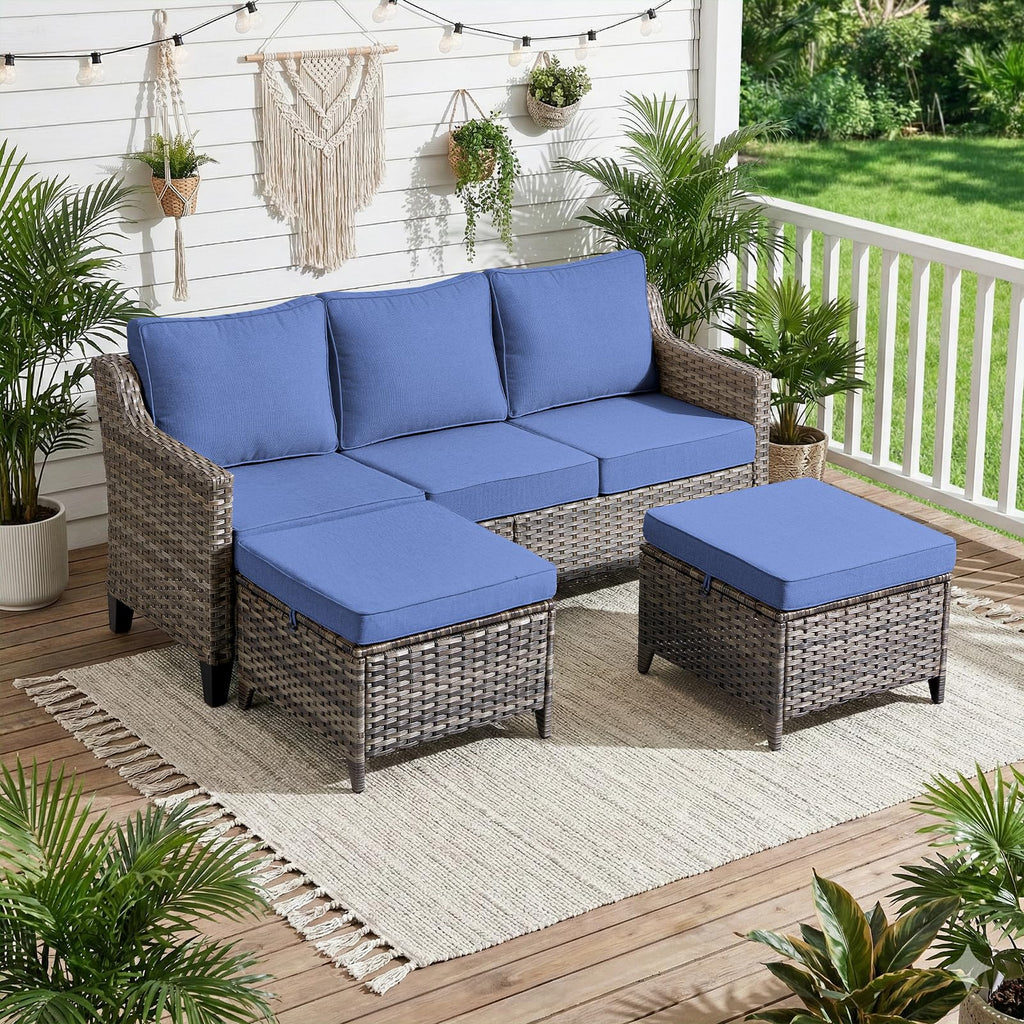 3 Pieces All Weather Wicker Patio Sofa Set with 2 Footstools X364217