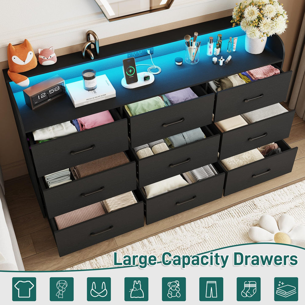 Black 9 Drawer Wood Dresser with Power Outlet and LED Lights P3509