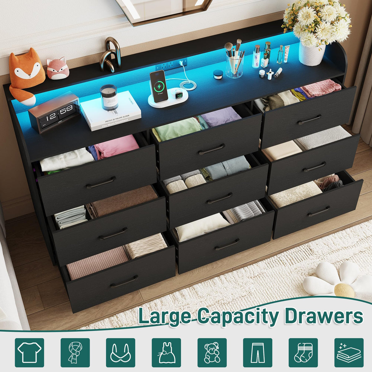 Black 9 Drawer Wood Dresser with Power Outlet and LED Lights P3509