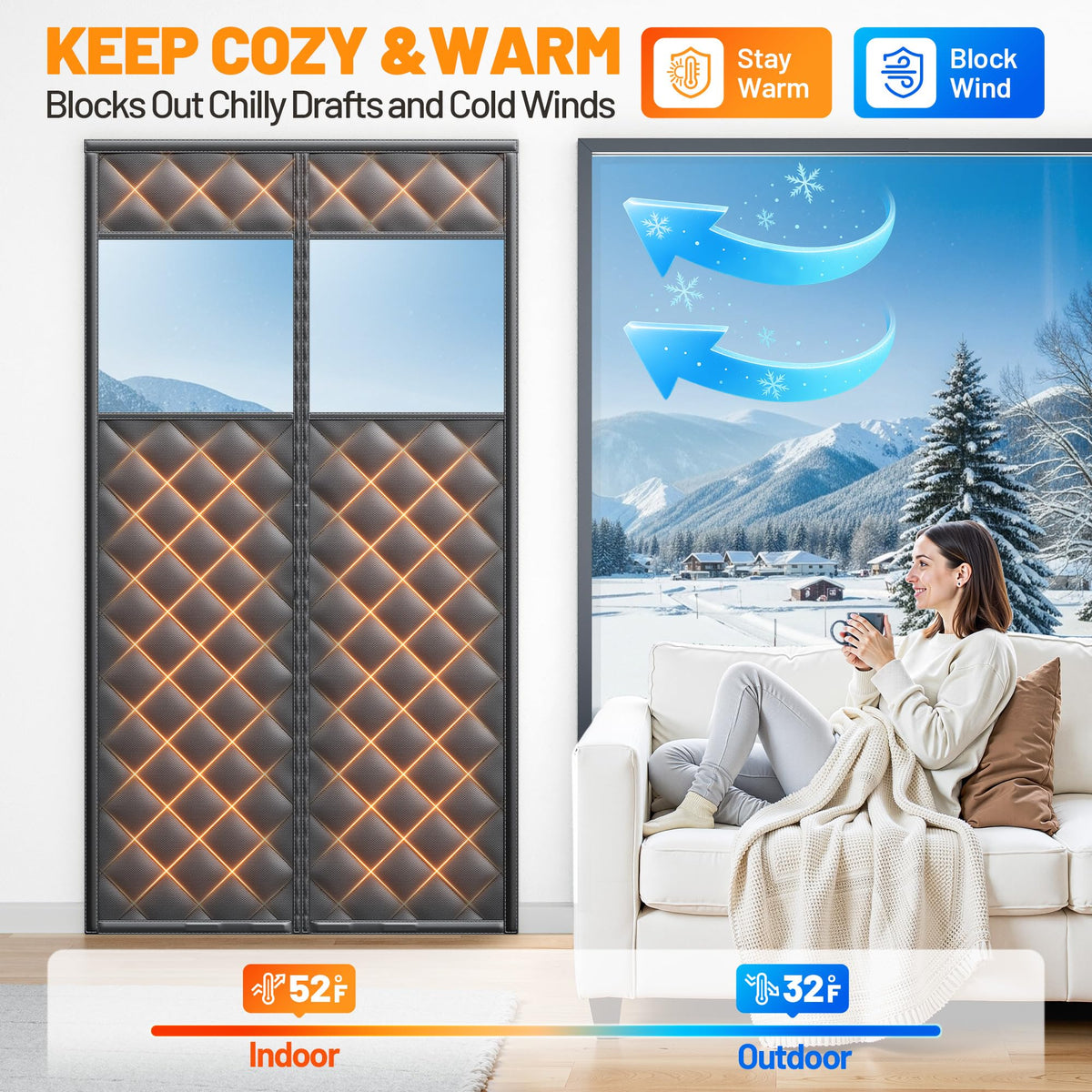 Magnetic Insulated Door Curtain 36"x82" Black V509255